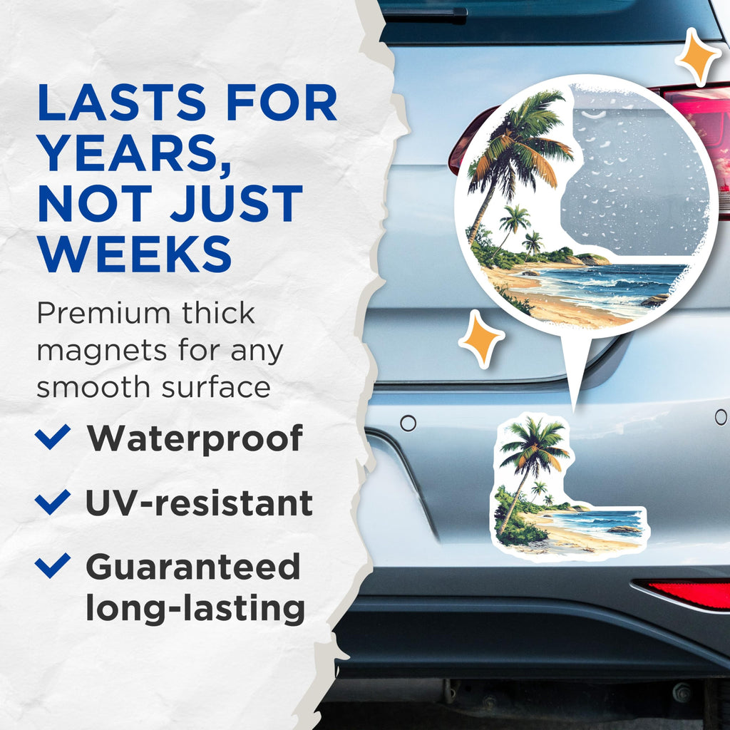 (2 Pack) Tropical Beach Magnets - Palm Tree Ocean Scene - Vacation Decor Destination - 5 Inches On Longest Side - Thick Durable Magnet - Made in USA - MAG26657
