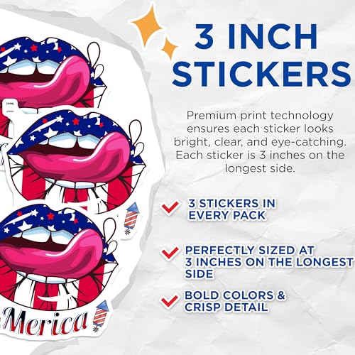 (3 Pack) Patriotic Lips Decals - American Flag - Laptop Decals - 3 Inches On Longest Side - Easy Peel & Apply - Made in USA - 3MCS2381