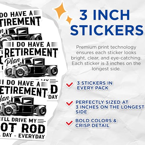 (3 Pack) Retirement Plan Decals - Hot Rod Car Decals - Classic Car Laptop Decal - 3 Inches On Longest Side - Easy Peel & Apply - Made in USA - 3MCS4518