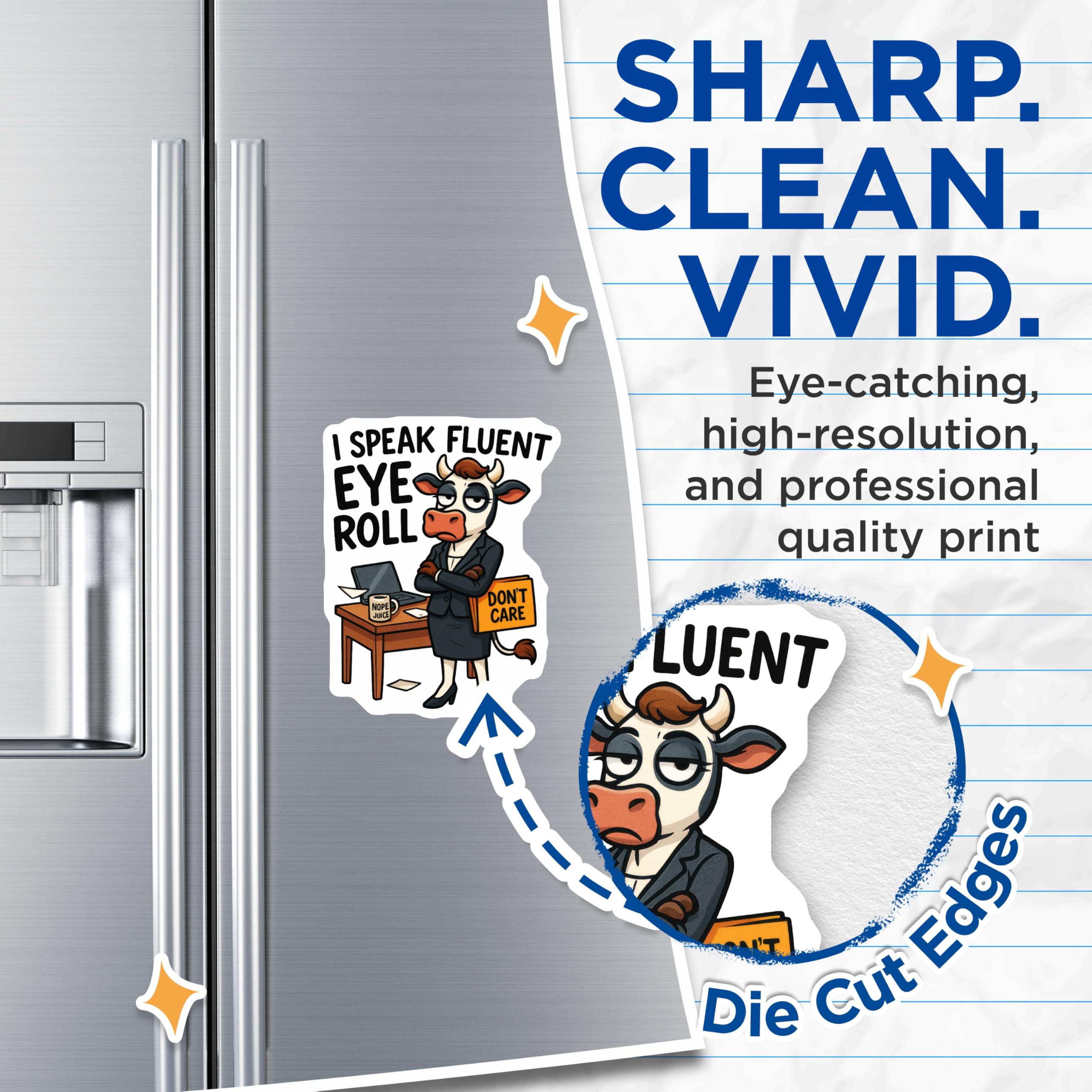 (2 Pack) Eye Roll Magnets - Sarcastic Cow Refrigerator Art - Office Humor Fridge Accessory - 5 Inches On Longest Side - Thick Durable Magnet - Made in USA - MAG20764