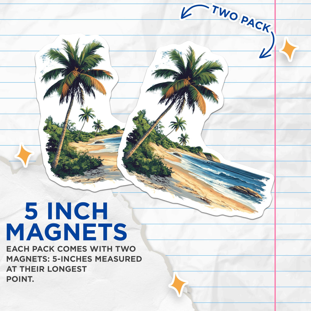 (2 Pack) Tropical Beach Magnets - Palm Tree Ocean Scene - Vacation Decor Destination - 5 Inches On Longest Side - Thick Durable Magnet - Made in USA - MAG26657