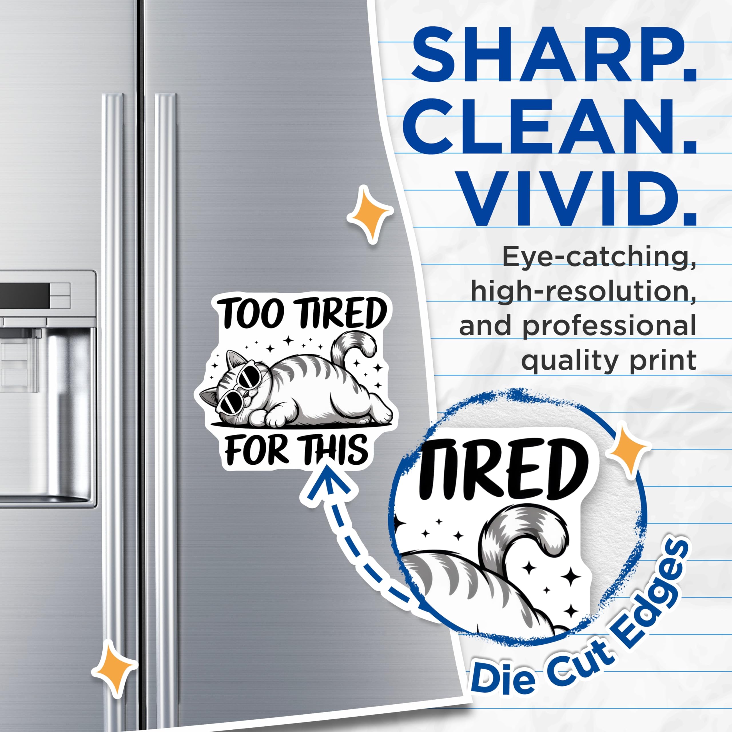 (2 Pack) Too Tired Cat Magnets - Funny Feline Decor - Lazy Kitten Refrigerator Magnets - 5" On Longest Side - Premium Magnet - for Cars, Refrigerators, Toolboxes, Lockers - Made in USA - MAG14986