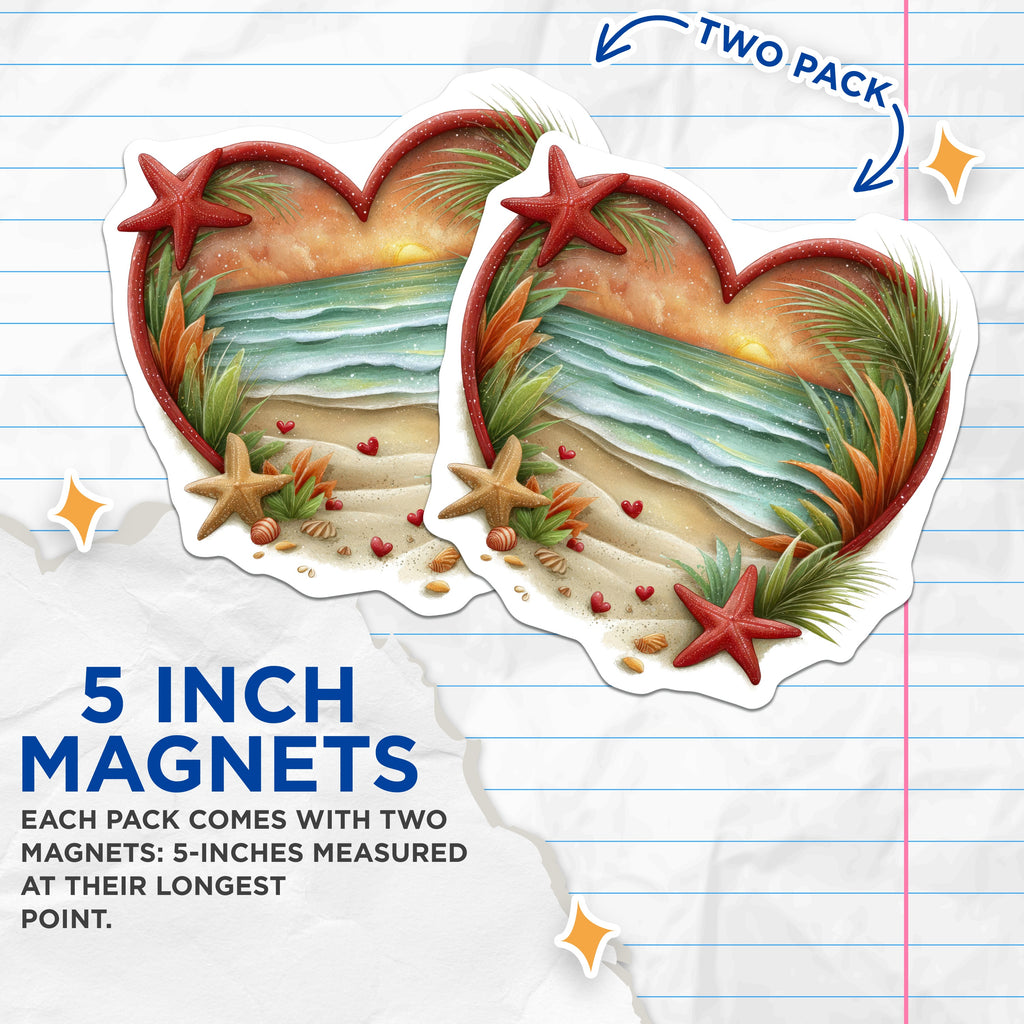 (2 Pack) Sunset Beach Heart Magnets - Coastal Ocean Scene - Romantic Fridge Decor for Couples - 5 Inches On Longest Side - Thick Durable Magnet - Made in USA - MAG37011