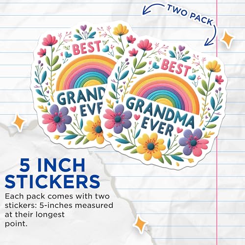 (2 Pack) Best Grandma Ever Stickers - Floral Rainbow Sticker - Heartwarming Grandma Gifts - 5" On Longest Side - Sticks to Smooth Flat Surfaces - Made in USA - BMCS7080