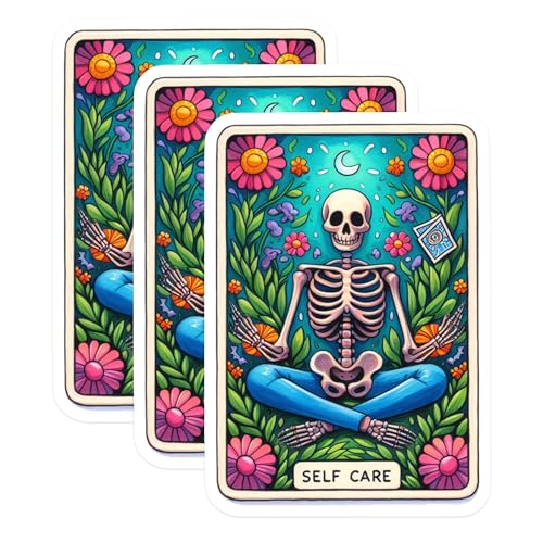 (3 Pack) Self Care Tarot Decals - Meditating Skeleton Art - Calming Floral Laptop Decals - 3 Inches On Longest Side - Easy Peel & Apply - Made in USA - 3MCS8168