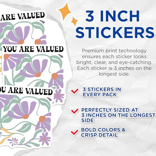 (3 Pack) You are Valued Decals - Floral Laptop Decal - Positive Affirmation Decal - 3 Inches On Longest Side - Easy Peel & Apply - Made in USA - 3MCS2606