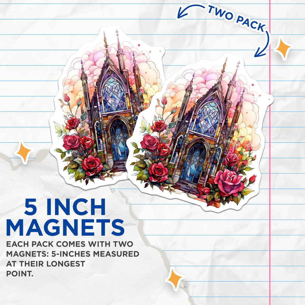 (2 Pack) Gothic Cathedral Magnets - Stained Glass Church Decor - Whimsigoth Rose Art - 5 Inches On Longest Side - Thick Durable Magnet - Made in USA - MAG30278