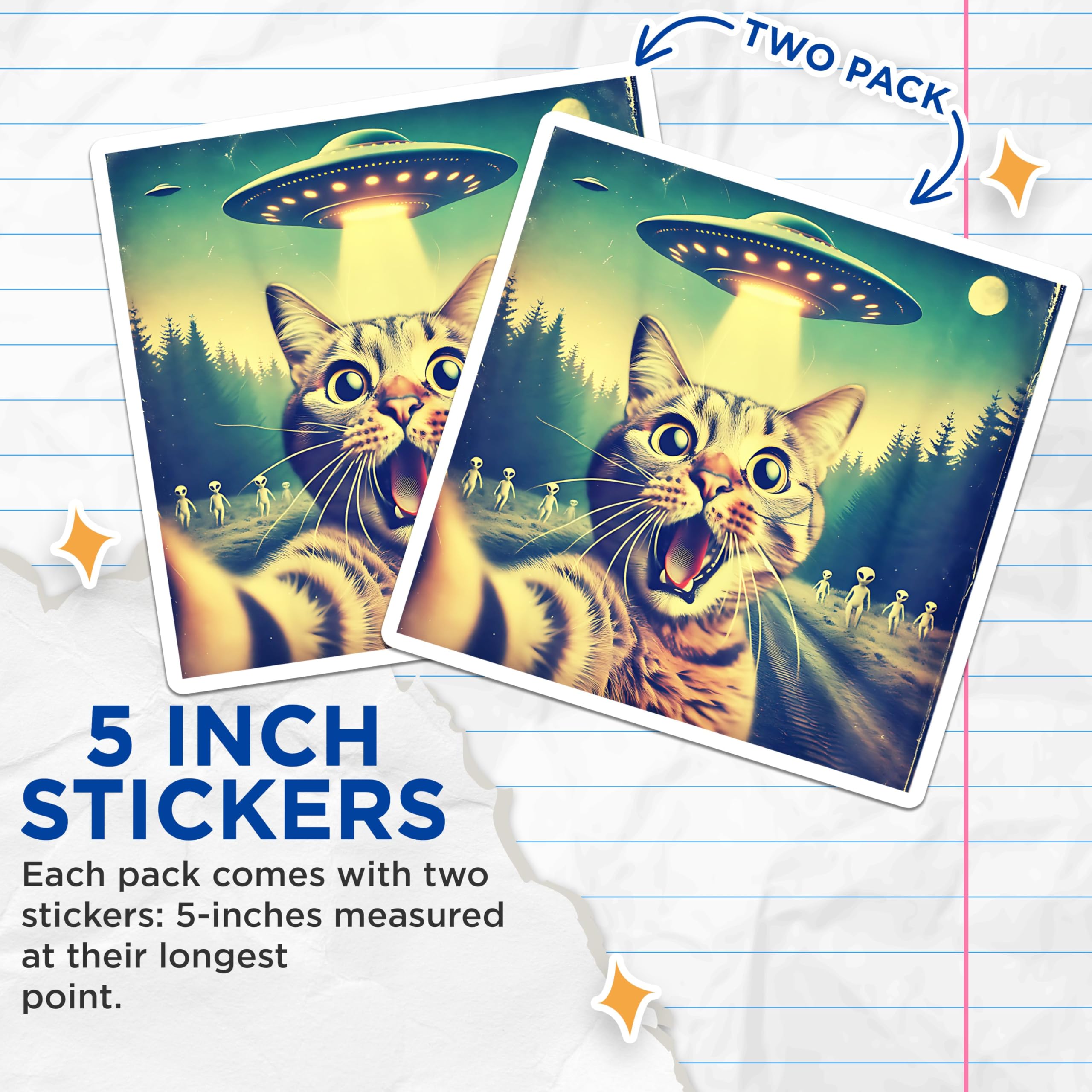 Bliss Monkey Co. (2 Pack) Cat Alien Abduction Stickers - Multicolor Vinyl Stickers - Retro UFO Cat Stickers - 5" On Longest Side - Sticks to Metal, Plastic, Glass - Made in USA