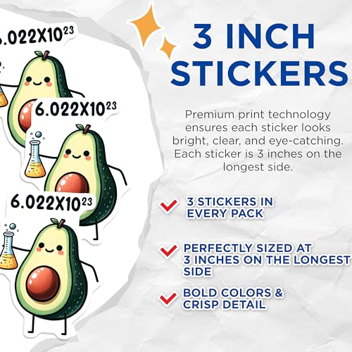 (3 Pack) Avocado Mole Decals - Chemistry Pun - Funny Scientist Stickers - 3 Inches On Longest Side - Easy Peel & Apply - Made in USA - 3MCS6778