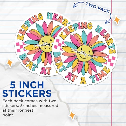 (2 Pack) Keeping Hearts Beat Stickers - Colorful Sunflower - 5" On Longest Side - Sticks to Smooth Flat Surfaces - Made in USA - BMCS9135 - BMCS9135