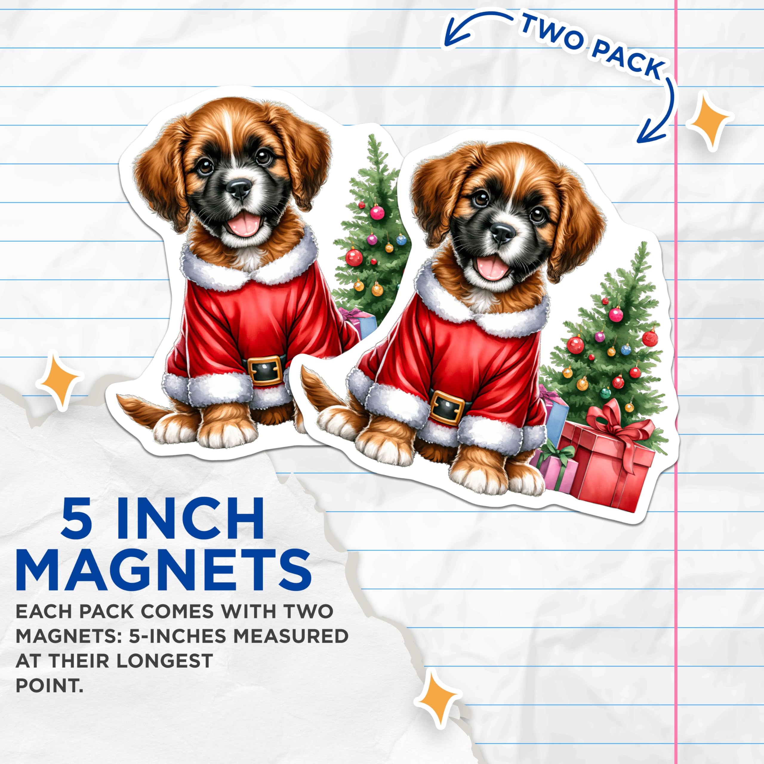 (2 Pack) Christmas Puppy Magnets - Santa Dog Holiday Decor - Cute Animal Refrigerator Magnets - 5 Inches On Longest Side - Thick Durable Magnet - Made in USA - MAG28325