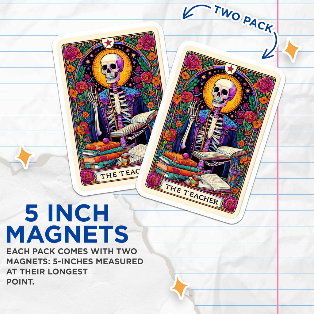 (2 Pack) Day of the Dead Teacher Magnets - Folk Art Skull Educator - Tarot Card Books Mentor - 5 Inches On Longest Side - Thick Durable Magnet - Made in USA - MAG25335