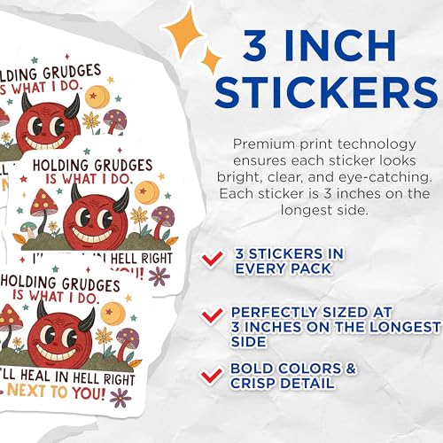 (3 Pack) Holding Grudges Decals - Devilish Humor Stickers - Retro Hell Meme Decals - 3 Inches On Longest Side - Easy Peel & Apply - Made in USA - 3MCS4398