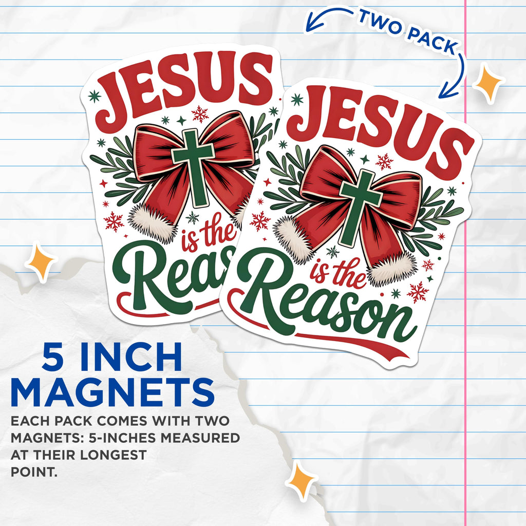 (2 Pack) Jesus is the Reason Magnets - Christian Christmas Holiday Decor - Religious Faith Symbolism Seasonal Display - 5 Inches On Longest Side - Thick Durable Magnet - Made in USA - MAG23336