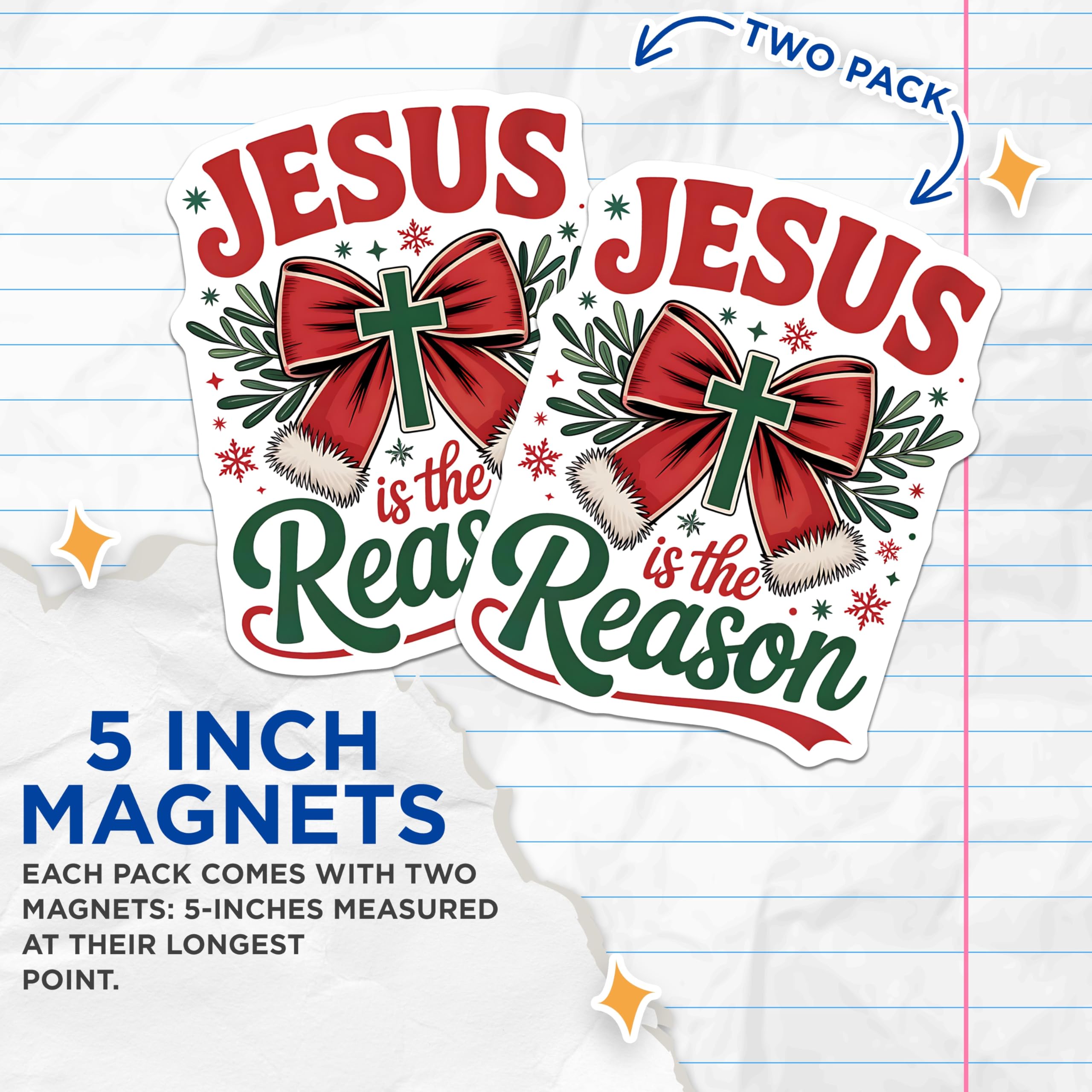 (2 Pack) Jesus is the Reason Magnets - Christian Christmas Holiday Decor - Religious Faith Symbolism Seasonal Display - 5 Inches On Longest Side - Thick Durable Magnet - Made in USA - MAG23336