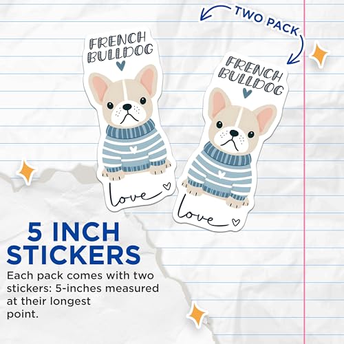 (2 Pack) French Bulldog Stickers - Cute Dog Sticker - Frenchie Love Sticker - 5" On Longest Side - Sticks to Smooth Flat Surfaces - Made in USA - BMCS7299
