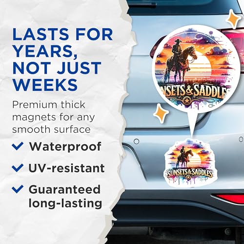 (2 Pack) Sunsets and Saddles Magnets - Sunset Cowboy - Western Themes - 5" On Longest Side - for Cars, Fridges, Toolboxes - Made in USA - MAG6881