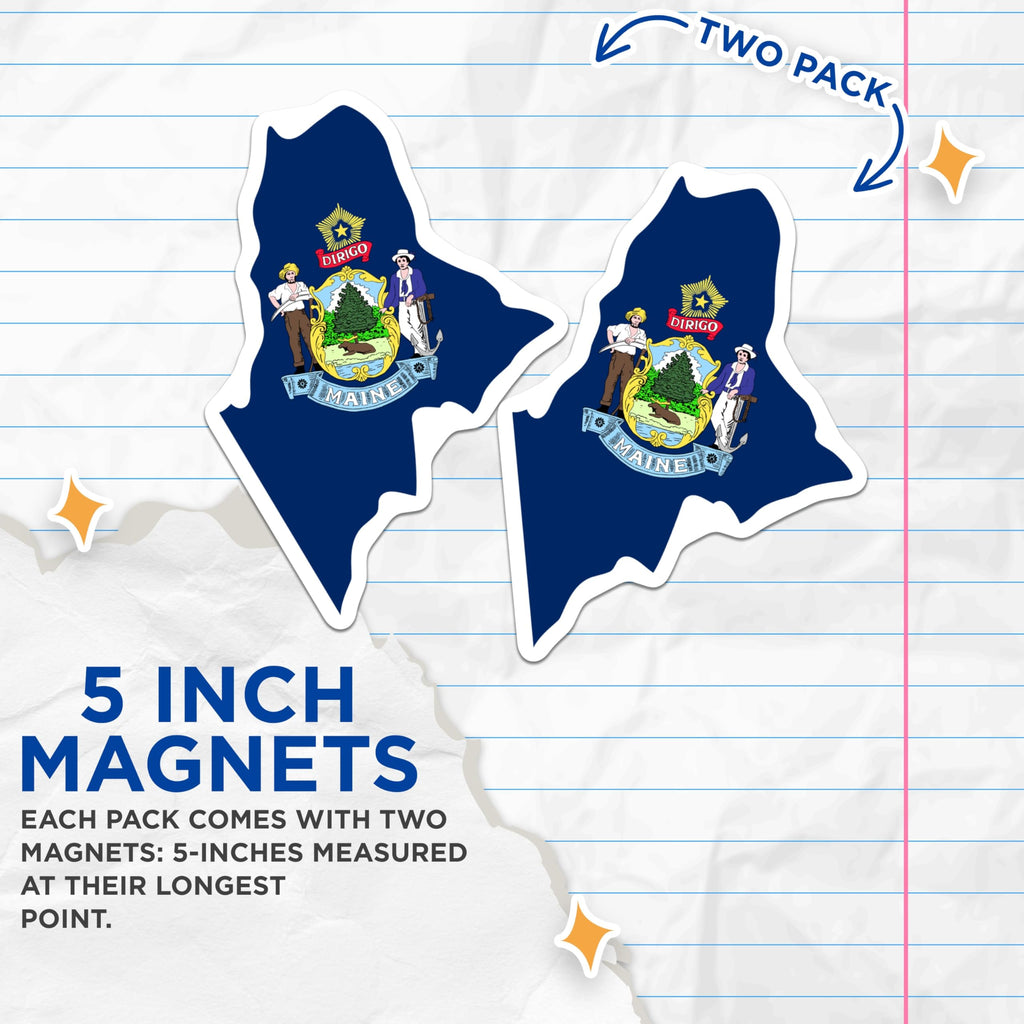 (2 Pack) Maine State Flag Magnets - Dirigo State Seal Art - New England Map Decor - 5 Inches On Longest Side - Thick Durable Magnet - Made in USA - MAG22875