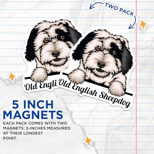 (2 Pack) Old English Sheepdog Magnets - Dog Fridge Magnet - Pet Lover Dog Breed Magnet - 5" On Longest Side - for Cars, Fridges, Toolboxes - Made in USA - MAG4231