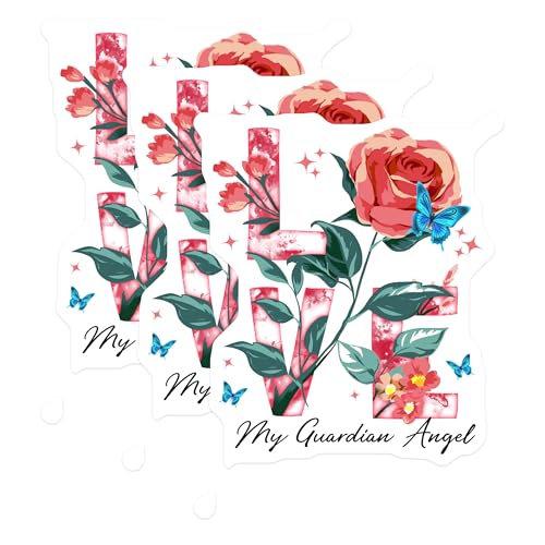(3 Pack) Love Guardian Angel Decals - Butterfly Flower Decor - Rose Design Decals - 3 Inches On Longest Side - Easy Peel & Apply - Made in USA - 3MCS4899