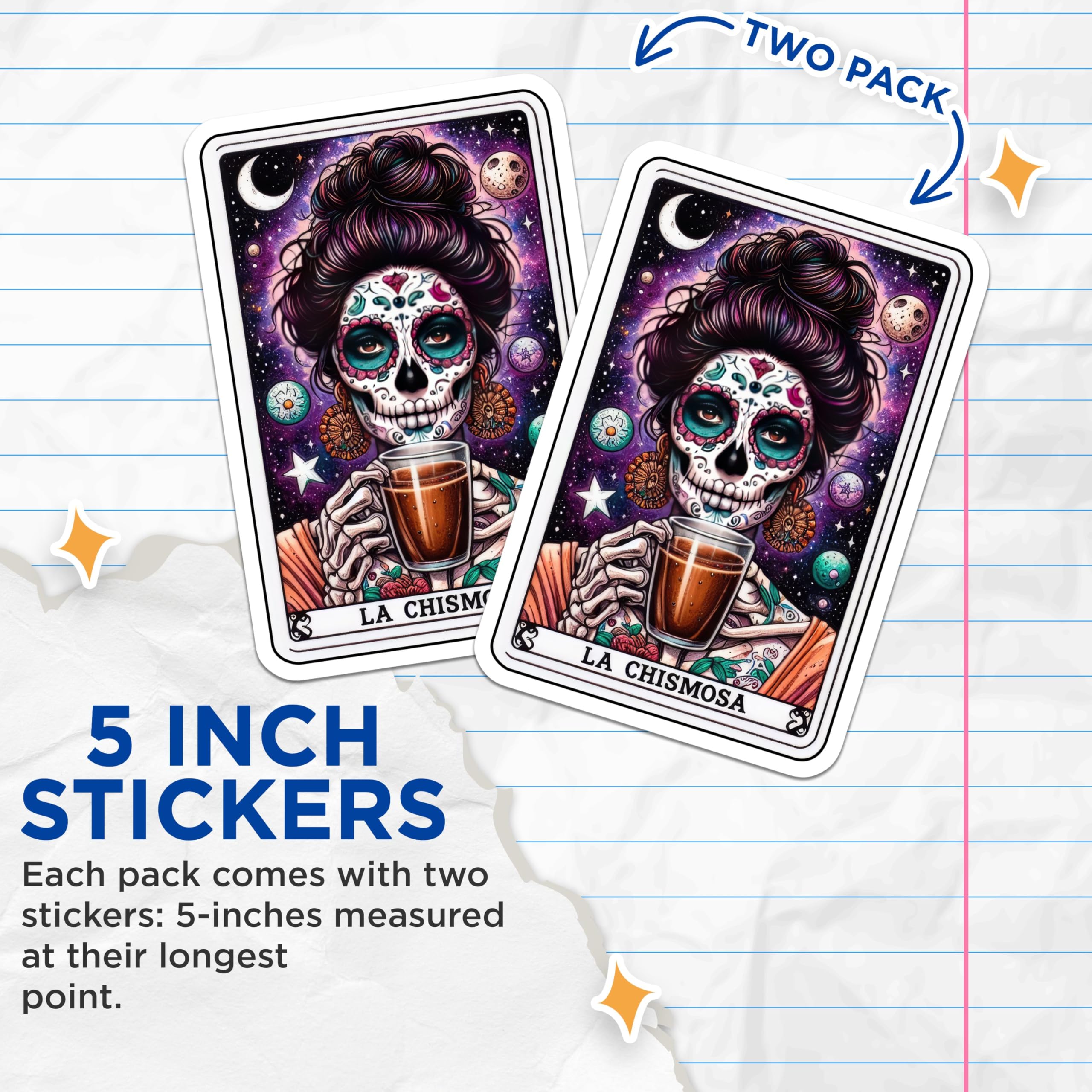 (2 Pack) La Chismosa Stickers - Day of The Dead Stickers - Sugar Skull Art Stickers - 5" On Longest Side - Sticks to Smooth Flat Surfaces - Made in USA - BMCS5133