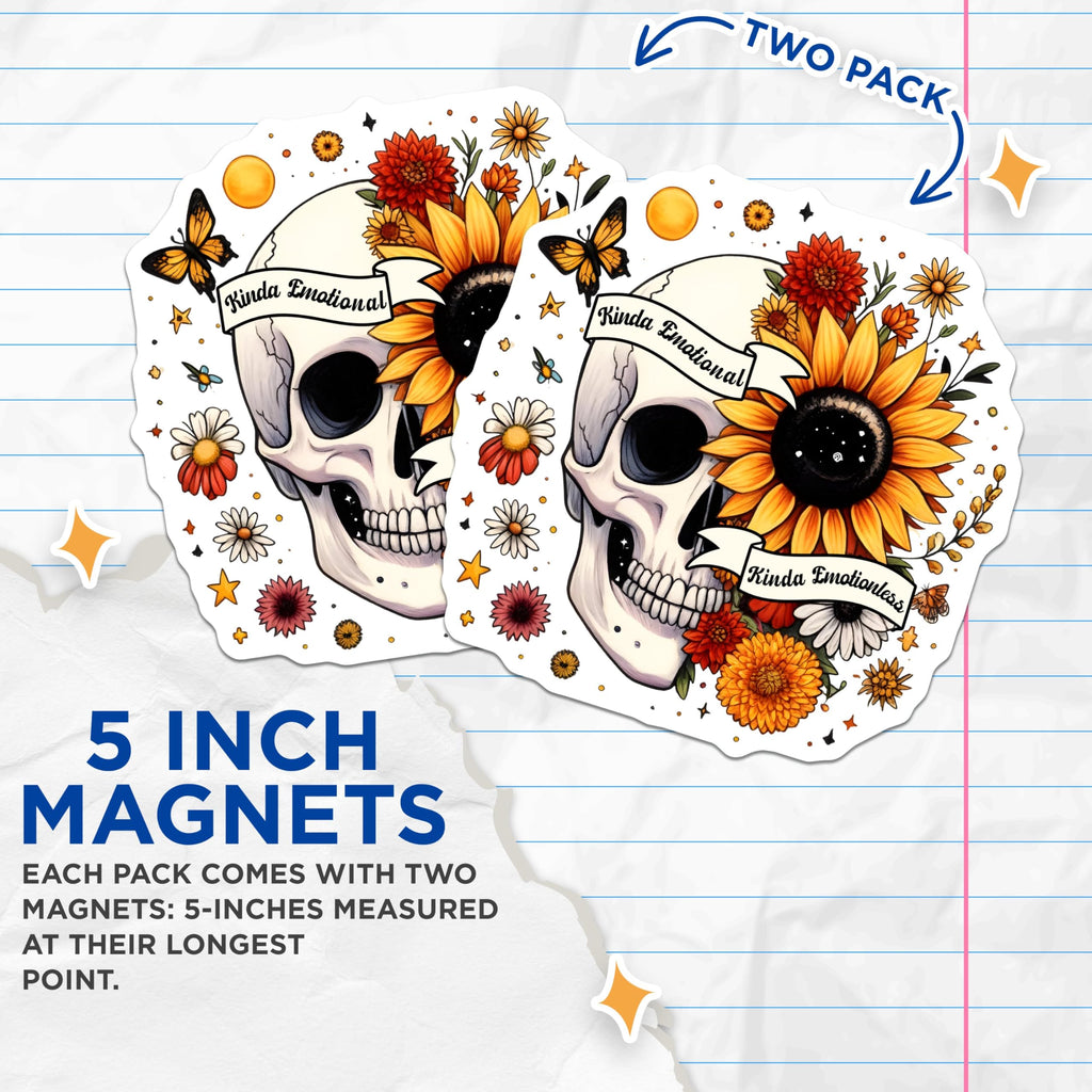 (2 Pack) Skull Sunflower Magnets - Kinda Emotional - Artistic Skull Art - Unique Decor - 5" On Longest Side - for Cars, Fridges, Toolboxes - Made in USA - MAG7376