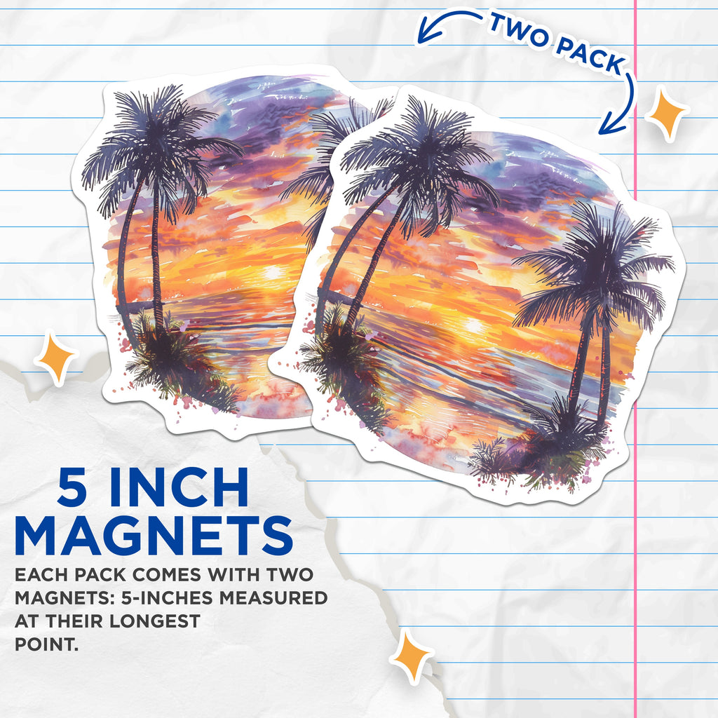 (2 Pack) Tropical Sunset Beach Magnets - Palm Tree Ocean Vacation Decor - Watercolor Coastal Aesthetic Fridge Art - 5 Inches On Longest Side - Thick Durable Magnet - Made in USA - MAG39595