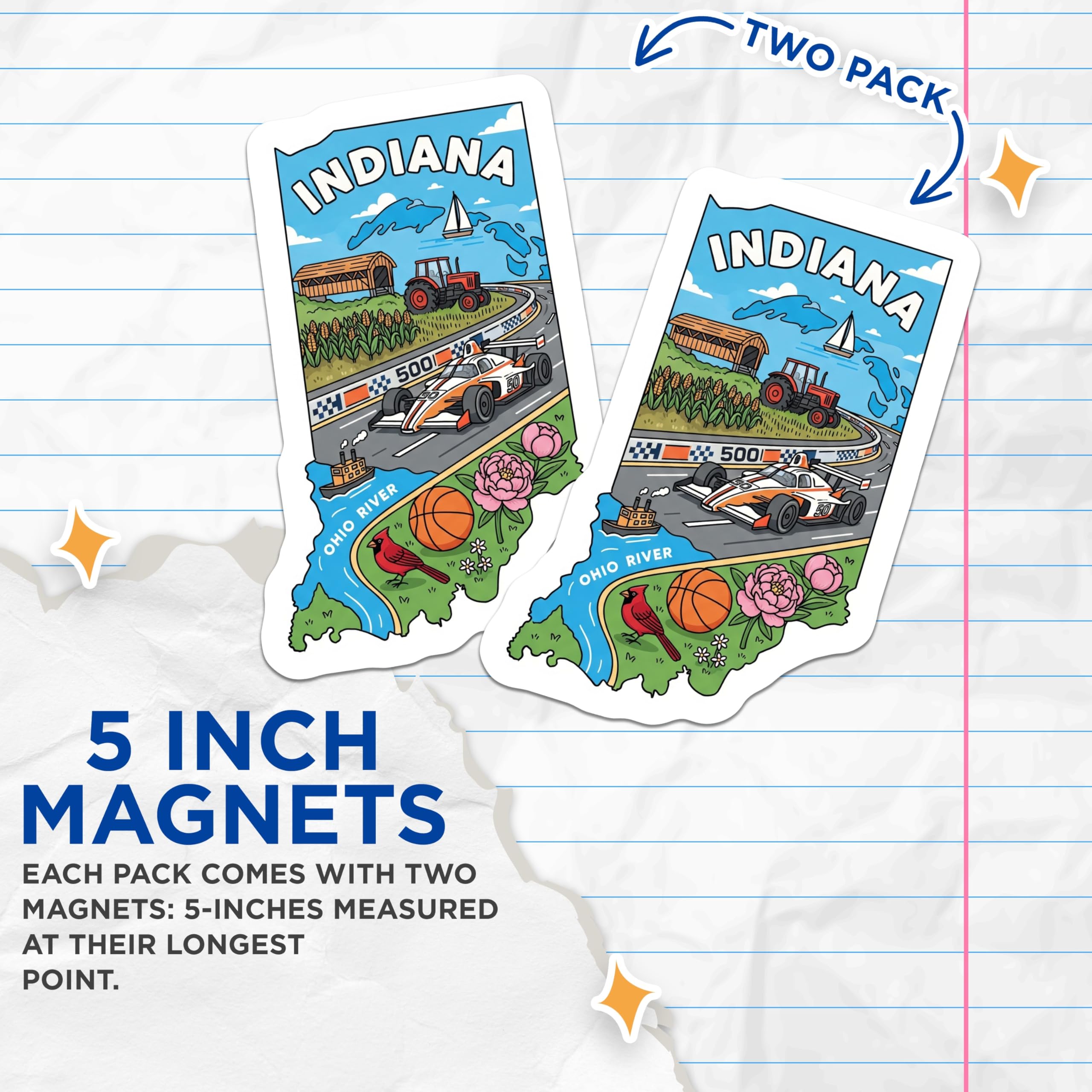 (2 Pack) Indiana State Magnets - Hoosier Pride - Indiana Landmarks and Icons - 5" On Longest Side - Premium Magnet - for Cars, Refrigerators, Toolboxes, Lockers - Made in USA - MAG15081