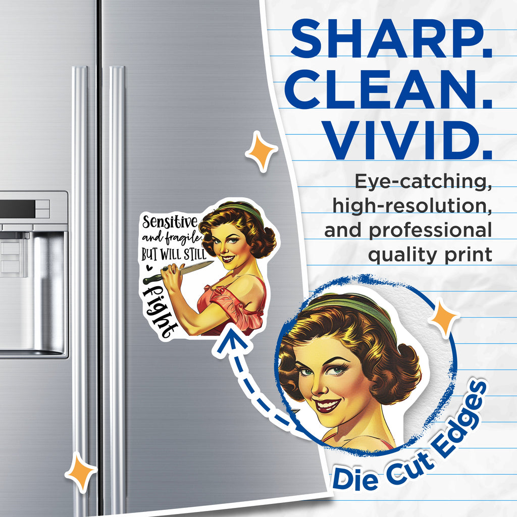 (2 Pack) Sensitive Fragile Magnets - Retro Pinup Girl Art - Sassy Woman Quote - Empowering Statement - Humorous Fridge Decor - 5 Inches On Longest Side - Thick Durable Magnet - Made in USA - MAG38362