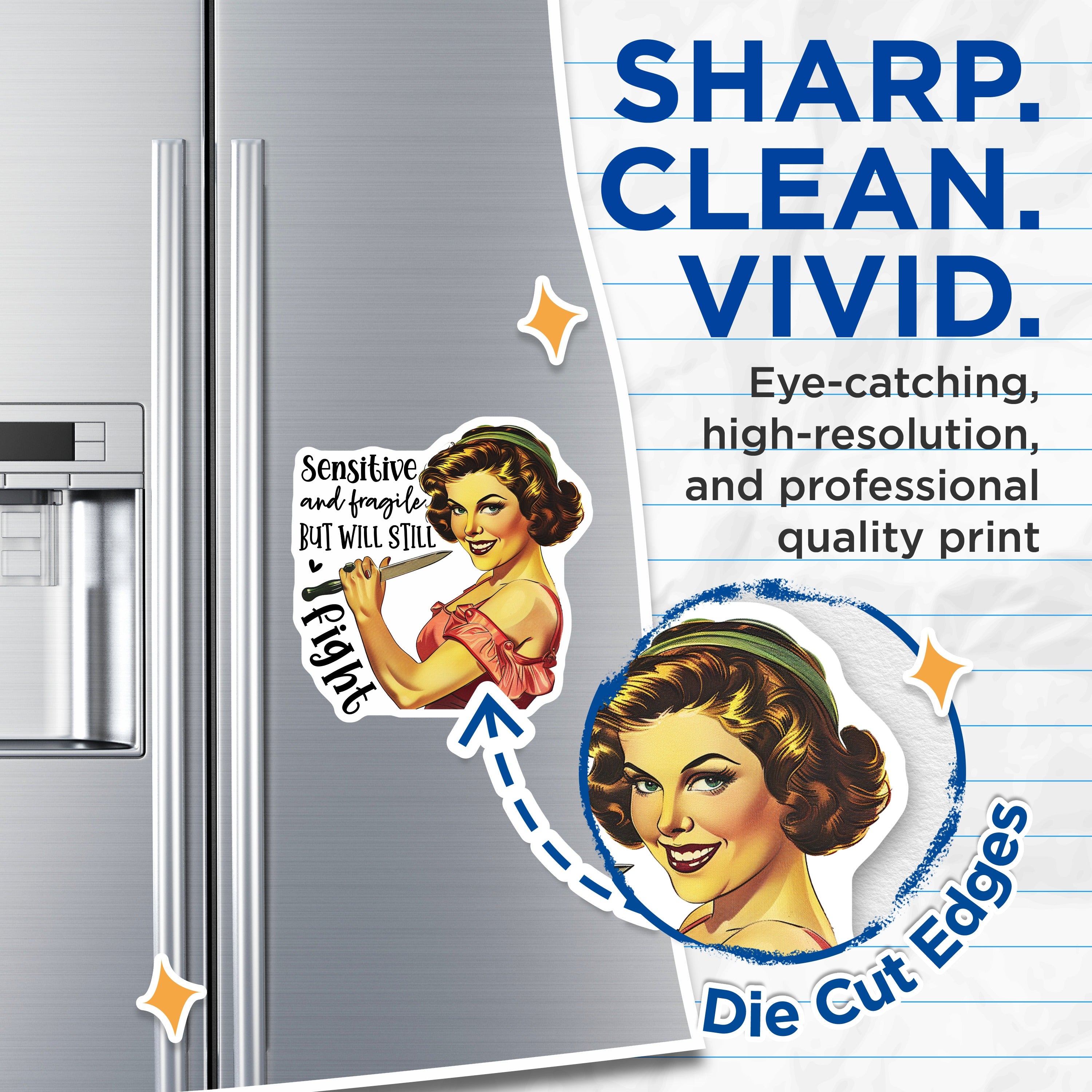 (2 Pack) Sensitive Fragile Magnets - Retro Pinup Girl Art - Sassy Woman Quote - Empowering Statement - Humorous Fridge Decor - 5 Inches On Longest Side - Thick Durable Magnet - Made in USA - MAG38362