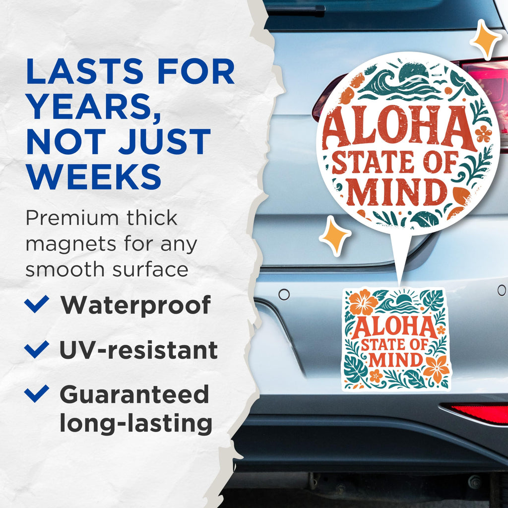 (2 Pack) Aloha State of Mind Magnets - Tropical Hawaiian Island Vibes Decor - Refrigerator Locker Accessory - 5 Inches On Longest Side - Thick Durable Magnet - Made in USA - MAG19542