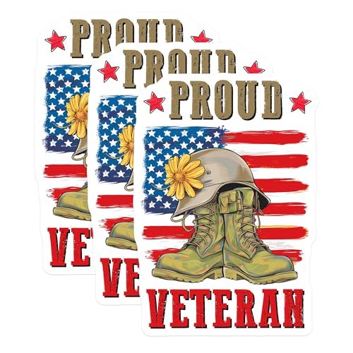 (3 Pack) Proud Veteran Decals - Patriotic Decal - Military Boots Helmet Sunflower Decals - 3 Inches On Longest Side - Easy Peel & Apply - Made in USA - 3MCS7121