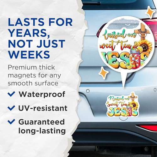 (2 Pack) Raised on Sweet Tea and Jesus Magnets - Religious Decor - 5" On Longest Side - for Cars, Fridges, Toolboxes - Made in USA - MAG