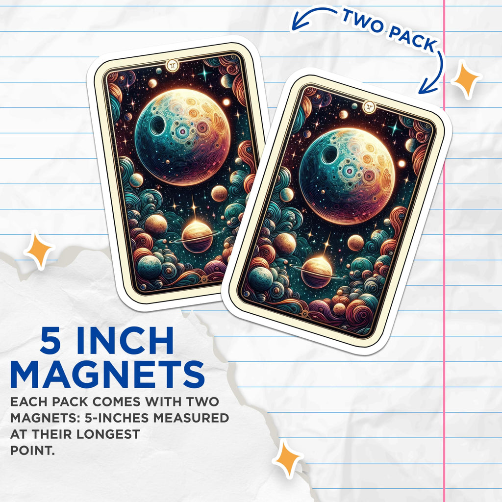 (2 Pack) Cosmic Planet Magnets - Gemini Tarot Art - Mystical Celestial Fantasy Space Decor - 5 Inches On Longest Side - Thick Durable Magnet - Made in USA - MAG21915