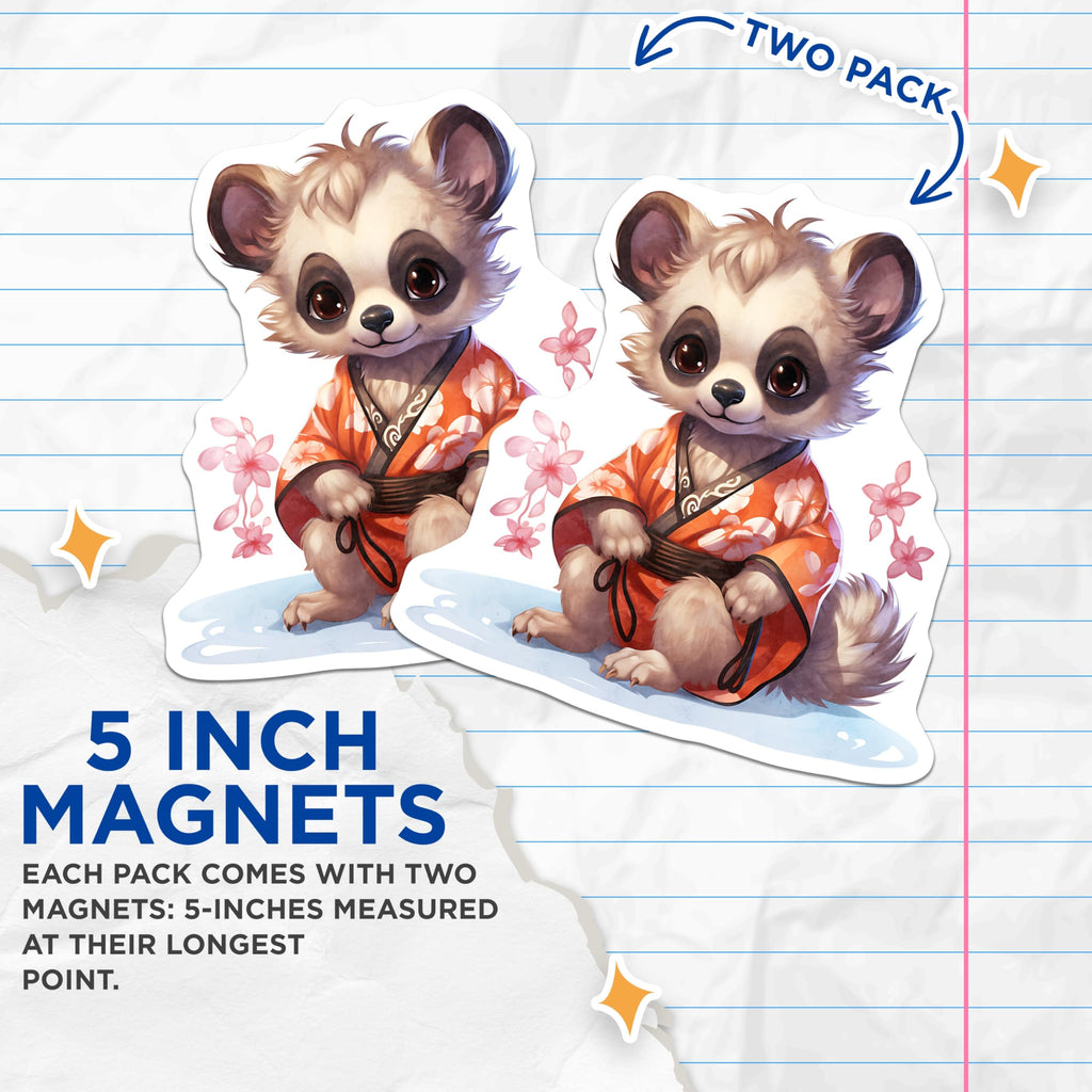 (2 Pack) Cute Raccoon Magnets - Kimono Outfit - Flower Decoration - 5" On Longest Side - Premium Magnet - for Cars, Refrigerators, Toolboxes, Lockers - Made in USA - MAG16990