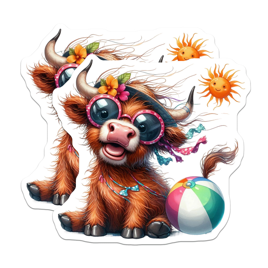 (2 Pack) Cute Highland Cow Magnets - Happy Farm Animal Refrigerator Decor - Summer Beach Vibe Locker Magnet - 5 Inches On Longest Side - Thick Durable Magnet - Made in USA - MAG36228