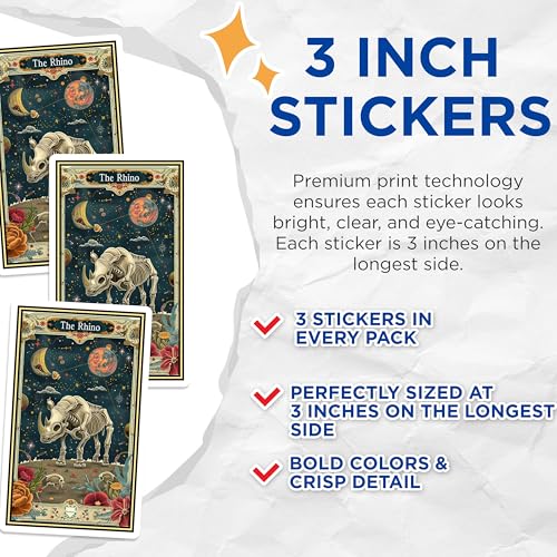 (3 Pack) Rhino Skeleton Decals - Celestial Space - Animal Skeleton Decals - 3 Inches On Longest Side - Easy Peel & Apply - Made in USA - 3MCS2450