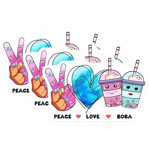 (3 Pack) Boba Tea Decals - Peace Love Boba - Milk Tea Decals - 3 Inches On Longest Side - Easy Peel & Apply - Made in USA - 3MCS6512