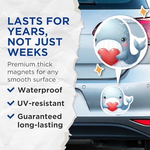 (2 Pack) Cute Whale Holding Heart Magnets - Cartoon Whale Decal - Cute Animal for Kids Room - Adorable Whale Art Magnets - 5" On Longest Side - for Cars, Fridges, Toolboxes - Made in USA - MAG3639