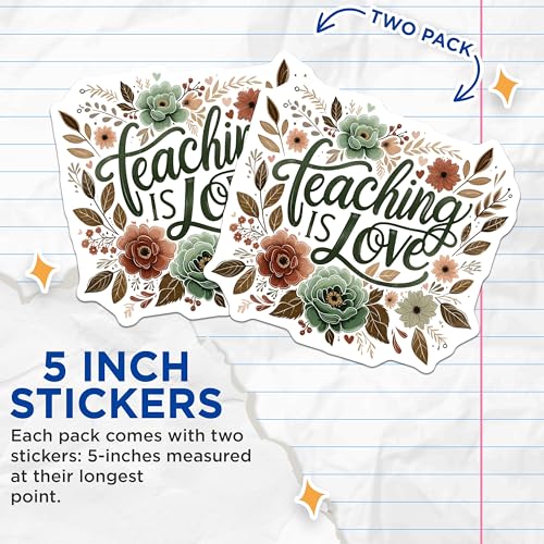 (2 Pack) Teaching is Love Stickers - Inspirational Teacher Stickers - Floral Classroom Decor Stickers - 5" On Longest Side - Sticks to Smooth Flat Surfaces - Made in USA - BMCS4426