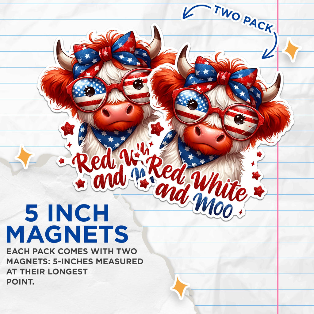 (2 Pack) Red White and Moo Magnets - Cute Cow Magnets - Patriotic Magnets July 4th - American Pride Kitchen Decor- 5" On Longest Side - for Fridges, Toolboxes, Cars - Made in USA - MAG2718