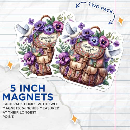 (2 Pack) Wanderlust Vibes Magnets Magnets - Inspirational Travel Theme - Decorative Backpack Design - 5" On Longest Side - Made in USA - Sticks to Refrigerators & Metal Surfaces - MAG8836