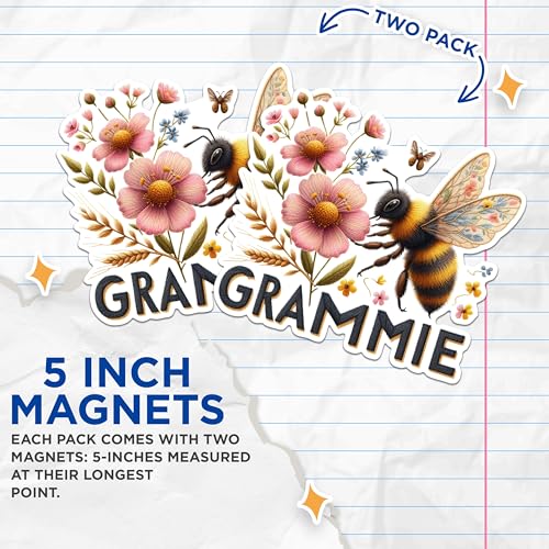 (2 Pack) Grammie Bee Flower Magnets - Cute Bee Nature Magnets - Flowery Bee Illustration Magnets- 5" On Longest Side - for Fridges, Toolboxes, Cars - Made in USA - MAG2582