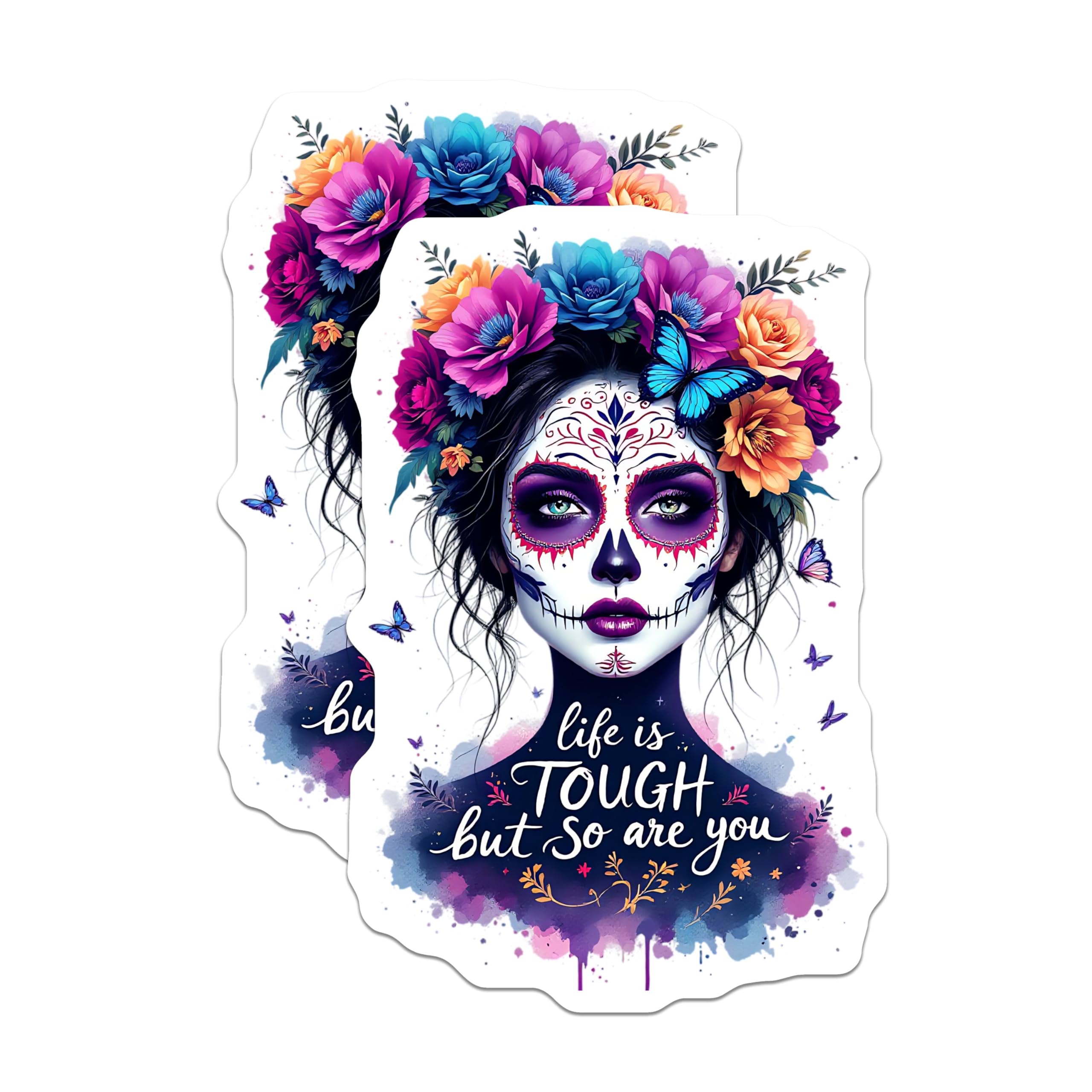 (2 Pack) Day of The Dead Stickers - Inspirational Quotes Stickers - Sugar Skull Art Stickers - 5" On Longest Side - Sticks to Smooth Flat Surfaces - Made in USA - BMCS4637
