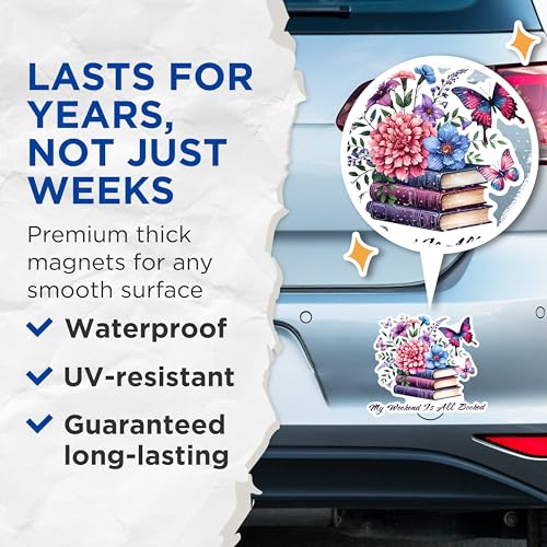 (2 Pack) My Weekend is All Booked Magnets - Flower and Butterfly Magnets - Literary Decor Magnets for Book Lovers- 5" On Longest Side - for Fridges, Toolboxes, Cars - Made in USA - MAG2760