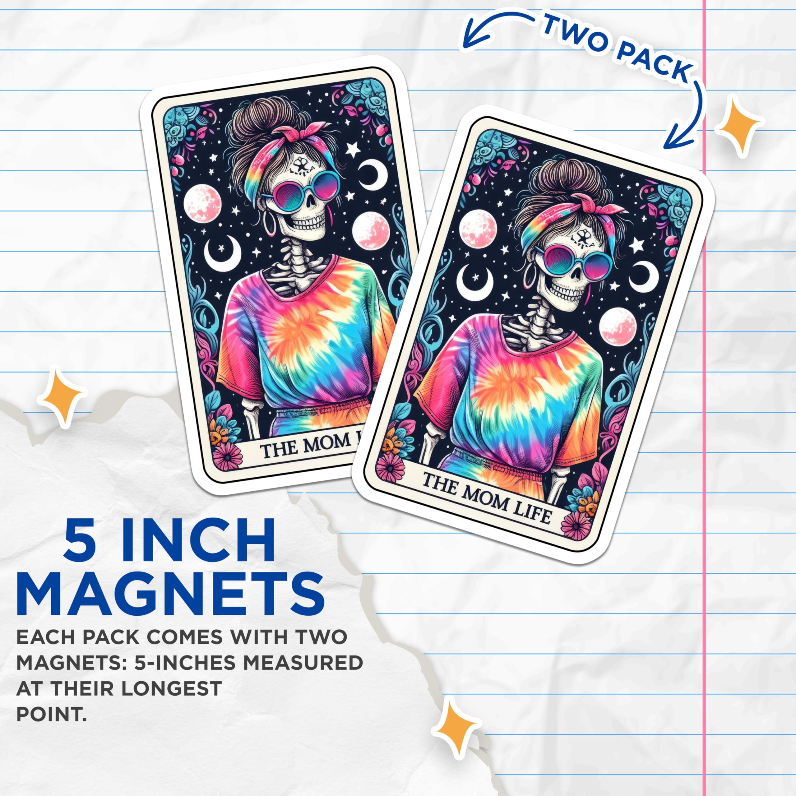 (2 Pack) Mom Life Skeleton Magnets - Tie Dye Boho Skull Decor - Funny Mom Quote Kitchen Accent - 5 Inches On Longest Side - Thick Durable Magnet - Made in USA - MAG20861