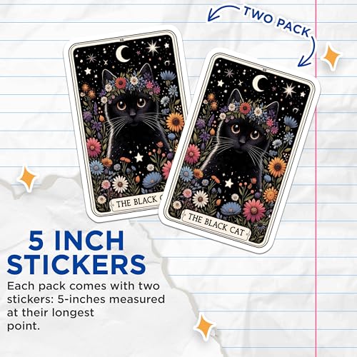 (2 Pack) The Black Cat Stickers - Cute Black Cat Stickers - Floral Cat Art Stickers - 5" On Longest Side - Sticks to Smooth Flat Surfaces - Made in USA - BMCS5356
