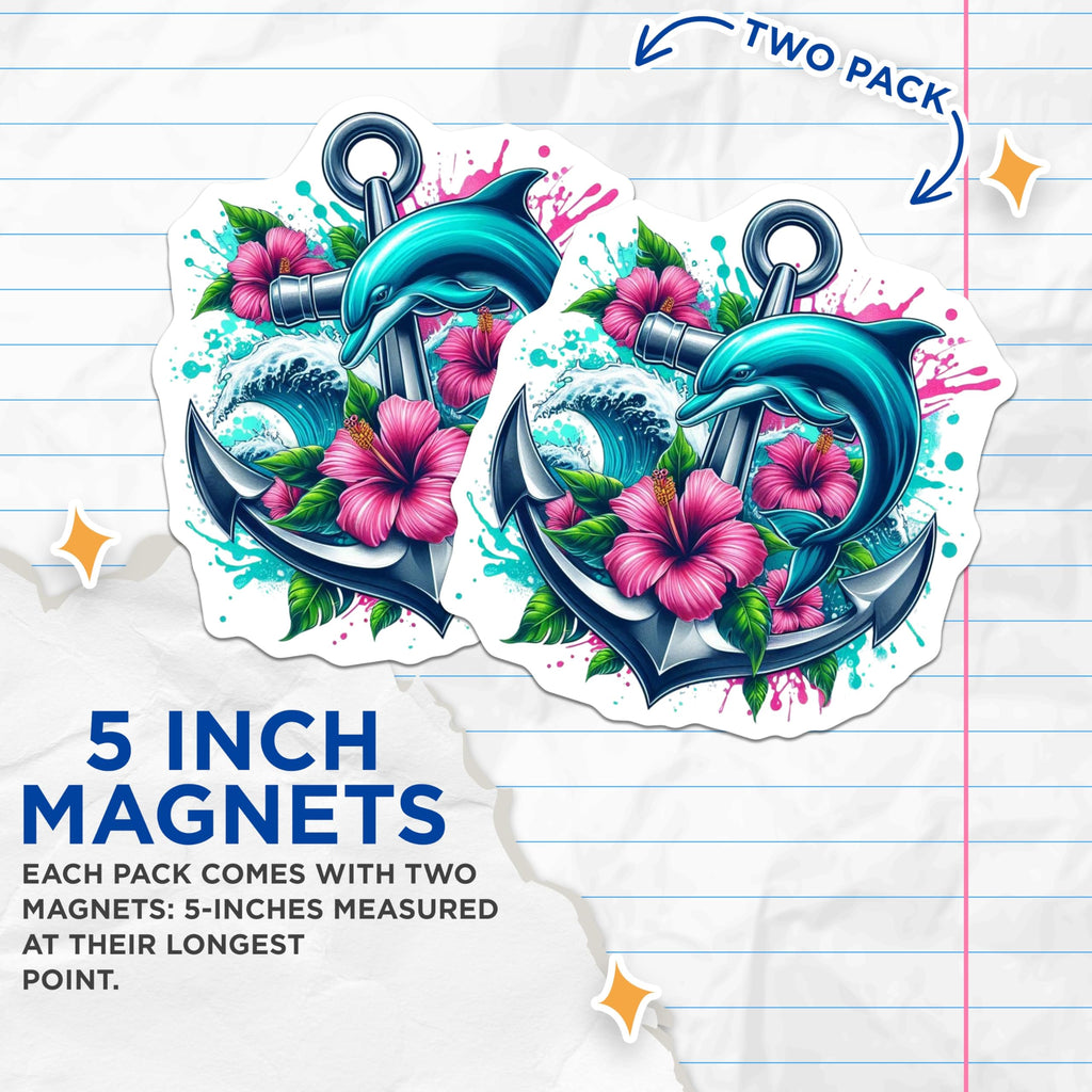 (2 Pack) Dolphin Anchor Magnets - Hibiscus Flower Decor - Ocean Nautical Art - 5" On Longest Side - Premium Magnet - for Cars, Refrigerators, Toolboxes, Lockers - Made in USA - MAG16579