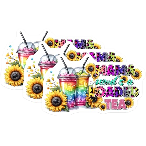 (3 Pack) Mama Needs A Loaded Tea Decals - Leopard Print Lettering - Sunflower Decals - 3 Inches On Longest Side - Easy Peel & Apply - Made in USA - 3MCS7060