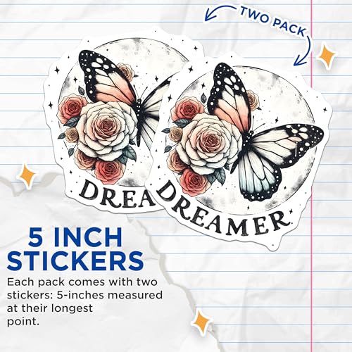 (2 Pack) Dreamer Butterfly Stickers - Inspirational Stickers - Rose Flower Stickers - 5" On Longest Side - Sticks to Smooth Flat Surfaces - Made in USA - BMCS9732